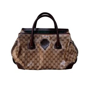 Vintage Gucci GG Monogram Tote Bag Canvas Crest Crystal Leather Italy 70s 80s
